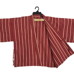 Vintage Kimono Japanese Traditional Noragi Haori Hanten Jinbei Cardigan Happi Jacket Striped Cotton  B006 Red