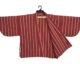 Vintage Kimono Japanese Traditional Noragi Haori Hanten Jinbei Cardigan Happi Jacket Striped Cotton  B006 Red