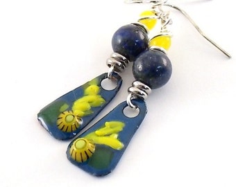 Handmade Earrings, Enameled Earrings, Blue With Yellow Flower Earrings, Silver, Artisan Earrings, Boho Earrings, Flower Earrings, AE164