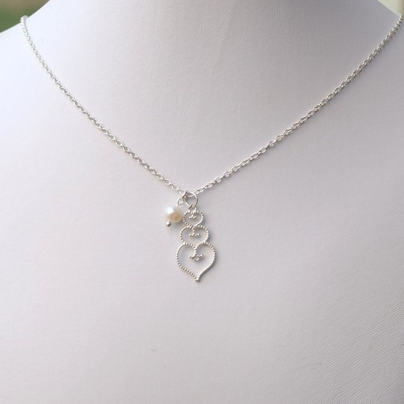 Sterling Silver Stacked Heart With Pearl Necklace N028 | Etsy