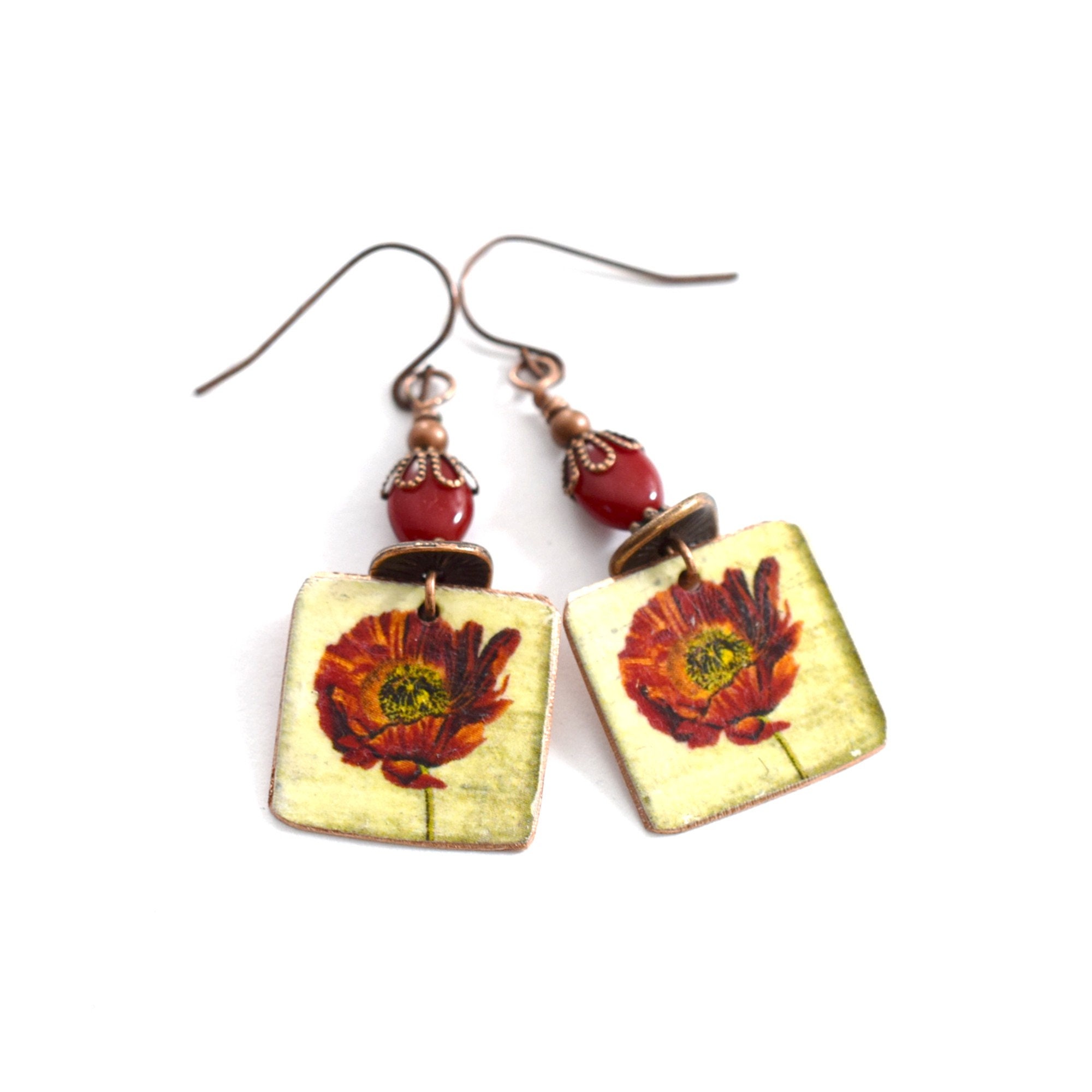 Faux Zinn rot Mohn Ohrringe antike Kupfer Handwerker Stil | Etsy