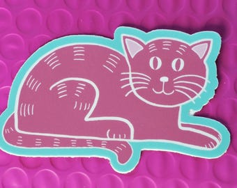 Pink Cat Sticker on blue background, 3 Inch Vinyl Sticker, Water-Proof