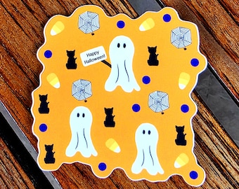 Happy Halloween Ghost Sticker, Whimsical Spiderweb Vinyl Decal, Orange Cute Black Cat Aesthetic, 3" Waterproof Laptop Sticker, Gift Pack