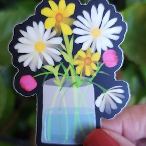 Sticker bloemenboeket bloemen sticker zwarte achtergrond bloemen op paarse achtergrond sticker boeket sticker madeliefjes in vaas sticker