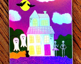 Holographic Halloween Sticker, Cute Ghost and Skeleton Couple Decal, Whimsical Haunted House, 3" Rainbow Vinyl Sticker, Fall Art Gift