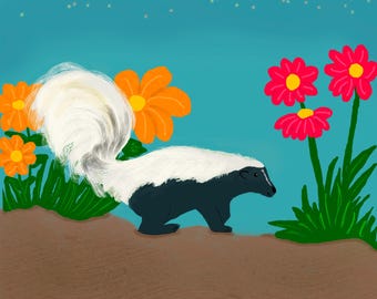 May include: A black and white skunk with a bushy tail walks past orange and pink flowers against a blue sky with white stars.
