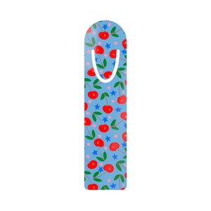 Cherry Bookmark: Cottagecore Cherries on Blue Metal