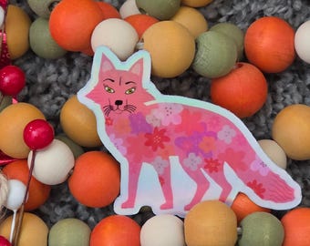 Fox Holographic Laptop Sticker, Pink Floral Fox, Shiny 3 inch Vinyl