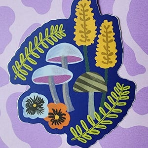Mushroom Garden Vinyl Sticker: Whimsical Floral Design, Waterproof 3-Inch