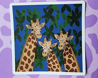 Giraffe Trio Sticker: Botanical Wildlife Art, Waterproof Vinyl