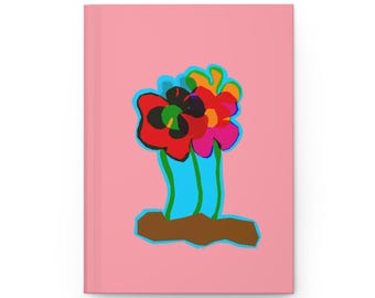 Diario de tapa dura con diseño floral primitivo rosa, flores originales