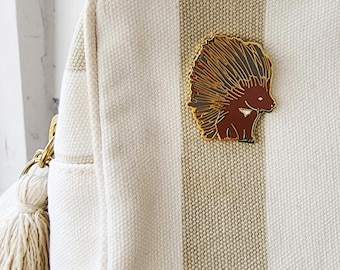 Porcupine Pin, Soft Brown Enamel with Gold Background, 1.25"