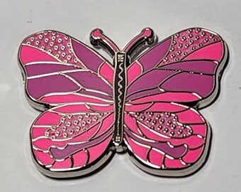 Pink Butterfly Enamel Pin: Sparkly Silver Outline, 1.5 inch