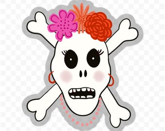 Girly Skull Sticker, Clear, 3" Vinyl, Halloween Sticker