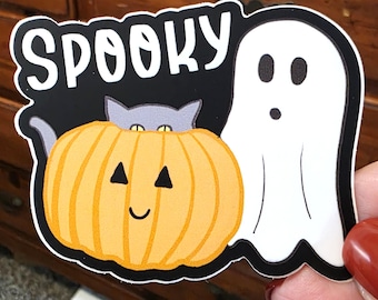 Cute Halloween Sticker, Whimsical Ghost with Kitty in Pumpkin, Spooky Vinyl Decal for Laptop, Cute Stationery Aesthetic Gift