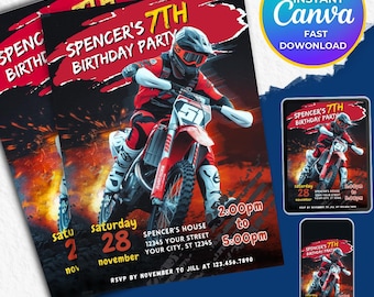 Pode incluir: Um convite de festa de aniversário vermelho e preto com um piloto de motocross em uma moto de cross. O convite diz "Spencer's 7th Birthday Party" e inclui a data, a hora e o local da festa. RSVP antes de novembro para Jill no 123.456.7890.