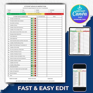 Printable Vehicle Inspection Checklist, 27 Point Vehicle Inspection Checklist, Template for Auto Repair, Multi-point Vehicle Inspection