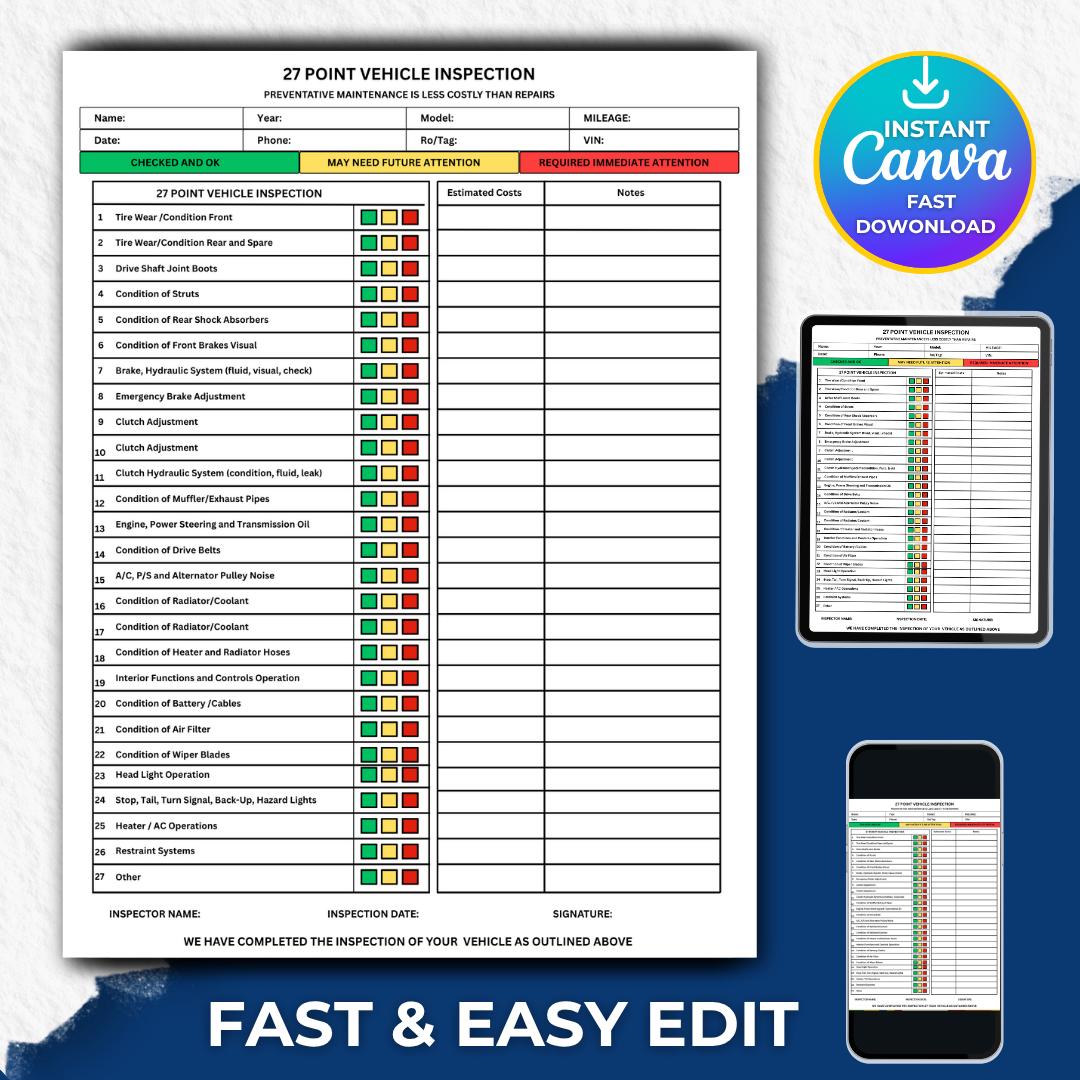Printable Vehicle Inspection Checklist, 27 Point Vehicle Inspection Checklist, Template for Auto Repair, Multi-point Vehicle Inspection