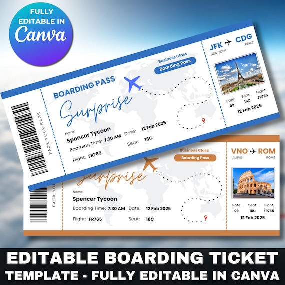 Editable Boarding Pass Template, Canva Boarding Pass, Printable Personalized Airline Ticket, Digital Download DIY Boarding Ticket