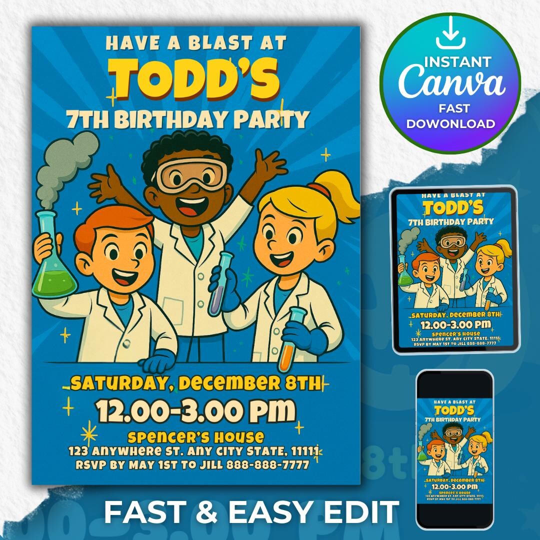 Science Lab Birthday Invitation: Fun STEM Party, Editable Canva ...
