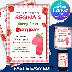 Berry 1st birthday invitation Template, Berry first birthday, Strawberry digital invite, Berry Mobile Invite, Birthday Invitation, digital