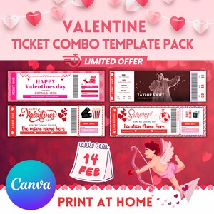 May include: A printable Valentine's Day ticket combo template pack with a red background and hearts. The template includes four different tickets with text that says "Happy Valentine's Day", "You're going to see the movie name here", "Taylor Swift", and "Surprise! You're going to Location Name Here". The template also includes a calendar with the date "14 Feb" and a cartoon Cupid with an arrow.
