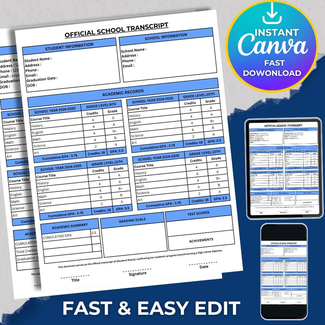 Fillable Printable High School Transcript Canva Template, Homeschool ...