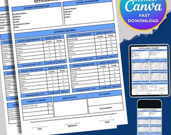 Fillable Printable High School Transcript Canva Template, Homeschool Transcript Template, Canva Editable High School Transcript