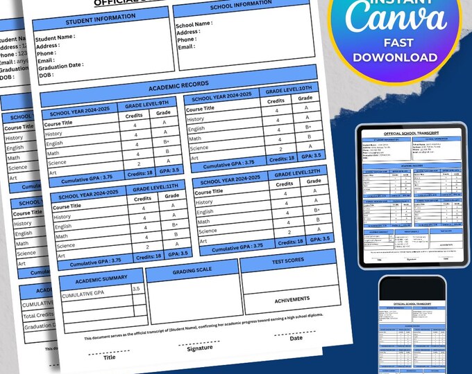 Report Card Template, Fillable High School Transcript, Printable ...
