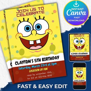 Bearbeitbare Spongebob Geburtstagseinladung, Spongebob Party einladen, Canva Spongebob Schwammkopf Geburtstagsfeiereinladung, digitaler Download