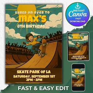 Skateboard Birthday Invitation: Retro Skate Party Invite (Editable Template, 5x7&quot; PDF Download )