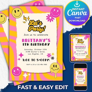 Faire-part lettre patch preppy modifiable numérique, faire-part d'anniversaire patch universitaire rétro, téléchargement d'invitation modifiable smiley festif,