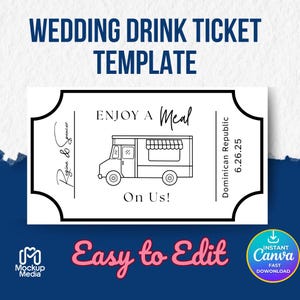 Modern Wedding Food Truck Ticket Template, Minimal Wedding Drink Voucher, Food Truck Tickets, Wedding Meal Tokens Party Cards Canva