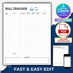 Editable Monthly Bill Tracker: Printable Payment Checklist (Canva Template & PDF)