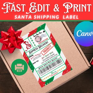 Plantilla de Canva para etiqueta de envío de Papá Noel editable / Etiqueta de correo exprés personalizada del Polo Norte / Etiqueta de regalo imprimible para Nochebuena / Regalo para niño
