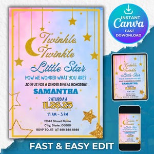 Convite para Revelação de Sexo do Bebê Twinkle Twinkle Little Star, Modelo de Convite para Revelação de Sexo com Lua Dourada e Estrelas Editável, Menino ou Menina, Canva