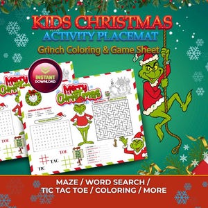 Mantel individual navideño para niños / Página de actividades del Grinch / Mantel individual para colorear imprimible / Hoja de actividades navideñas para niños