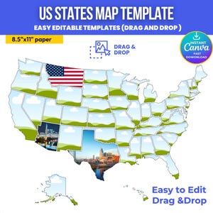 May include: A US States Map Template with the text "US STATES MAP TEMPLATE" and "EASY EDITABLE TEMPLATES (DRAG AND DROP)". The map is designed for 8.5"x11" paper. The image includes the text "DRAG & DROP" and "Easy to Edit Drag & Drop".