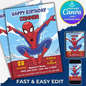 スパイダーマンの誕生日招待状（編集可能）、スパイダーマンの誕生日招待状（Canva）、スパイダーマンの誕生日招待状テンプレート（編集可能）