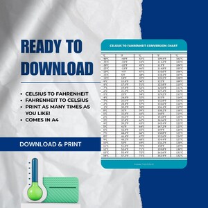 Printable Temperature Conversion Chart: Fahrenheit to Celsius Chart Celsius to Fahrenheit Chart (PDF) Instant Download, temperature chart, celsius fahrenheit, fahrenheit celsius, celsius, fahrenheit, temp guide, degrees fahrenheit, conversion, degrees, degrees celsius, temperature, temperature guide, temperature table