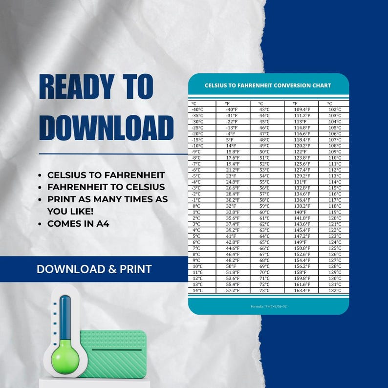 Printable Temperature Conversion Chart: Fahrenheit to Celsius Chart Celsius to Fahrenheit Chart (PDF) Instant Download, temperature chart, celsius fahrenheit, fahrenheit celsius, celsius, fahrenheit, temp guide, degrees fahrenheit, conversion, degrees, degrees celsius, temperature, temperature guide, temperature table