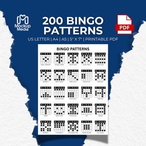 May include: A printable PDF featuring 200 bingo patterns in US Letter, A4, A5, and 5" x 7" sizes. The image displays various bingo card layouts, including Small Diamond, Double Cross, and Indian Star, with a PDF icon in the upper right corner.