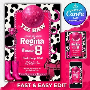 Editable Pink Cowgirl Birthday Invitation, Cowgirl Hoedown Birthday Party Invite, Pink Disco Cowgirl Hoedown Party, Disco Rodeo Invite