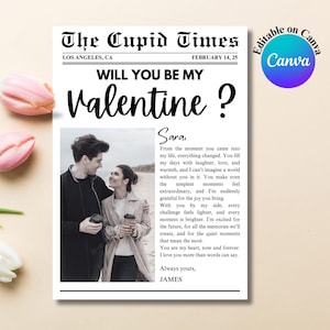 Will You Be My Valentine Card, Valentines Day Newspaper Template, Valentines Day Gift,  Personalized Valentines Gift, Valentines Day Card