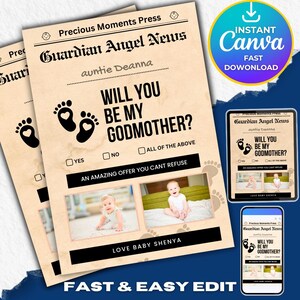 Plantilla de tarjeta de propuesta "¿Quieres ser mi madrina?", tarjeta de propuesta de padrino con foto imprimible, propuesta de bautismo moderna editable, descarga instantánea