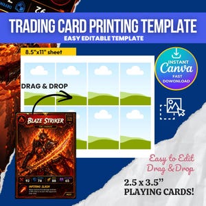 May include: A template for trading card printing, featuring a Blaze Striker card with a fiery warrior illustration. The design includes a grid for card layout, with the text "Drag & Drop" and "Easy to Edit". The sheet size is 8.5" x 11", with 2.5" x 3.5" playing cards.