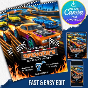 Bearbeitbare Hot Cars-Einladung, Hot Wheels-Einladung, heiße Rennautos-Geburtstagsvorlage, bearbeitbare Kindergeburtstagseinladung, Hot Wheels-Vorlage
