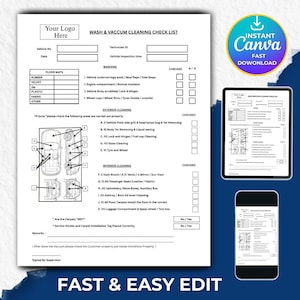 以下が含まれることがあります： 車両の詳細、洗浄、エクステリア、インテリアのセクションがある、印刷可能な洗浄および掃除機チェックリストテンプレート。車の図とCanvaダウンロードボタンが含まれています。