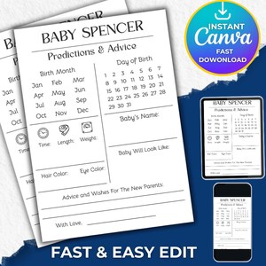 Prédictions et conseils personnalisés pour baby shower, jeu imprimable pour baby shower, modèle modifiable de baby shower minimaliste, jeu de prédictions