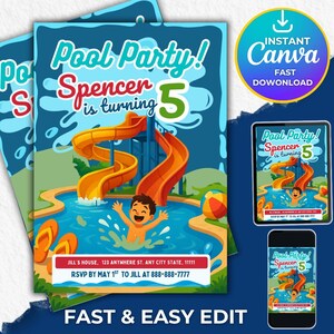 Water Park Birthday Invitation, Pool Party Invitation, Water Park Party Invite, Waterslide Birthday Invitation, Summer Pool Party, Any age